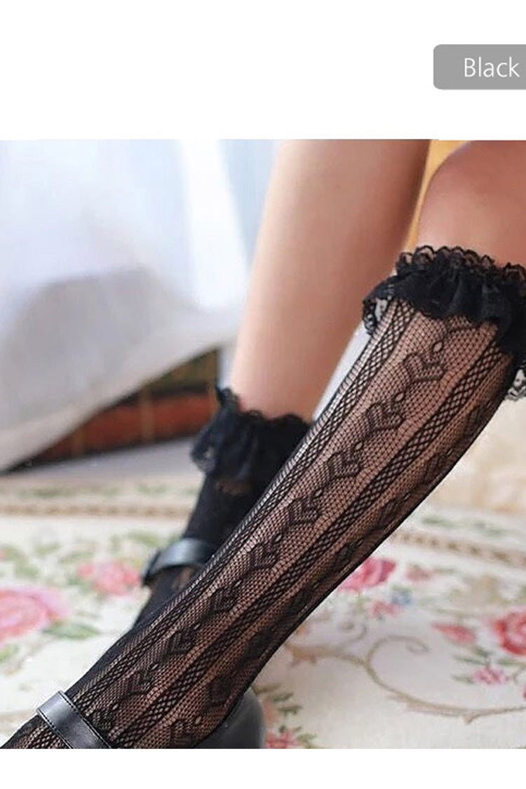 Love Heart Shape Lace Hollowed Out Middle Tube Lolita Socks - Product - 6