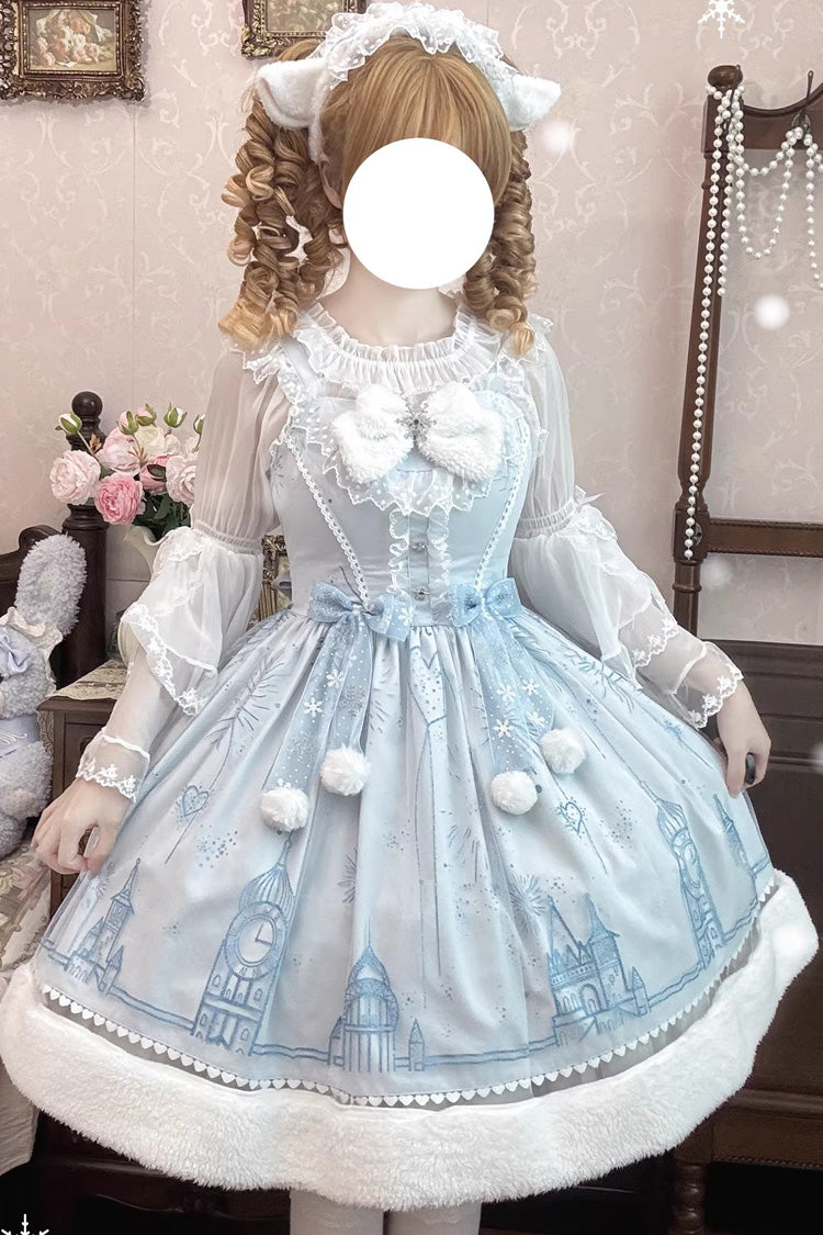 Blue [Snow Castle] Sleeveless Printed Embroidered Bow Lace Sweet Lolita Jsk Dress - Product - 6