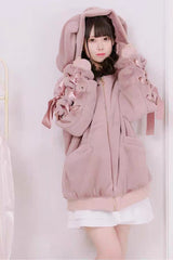 Pink Rabbit Ears Long Sleeves Bowknot Lace-Up Hooded Jirai Kei Coat - Pink - 1