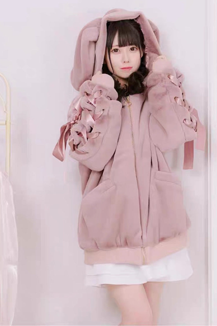 Pink Rabbit Ears Long Sleeves Bowknot Lace-Up Hooded Jirai Kei Coat - Pink - 1