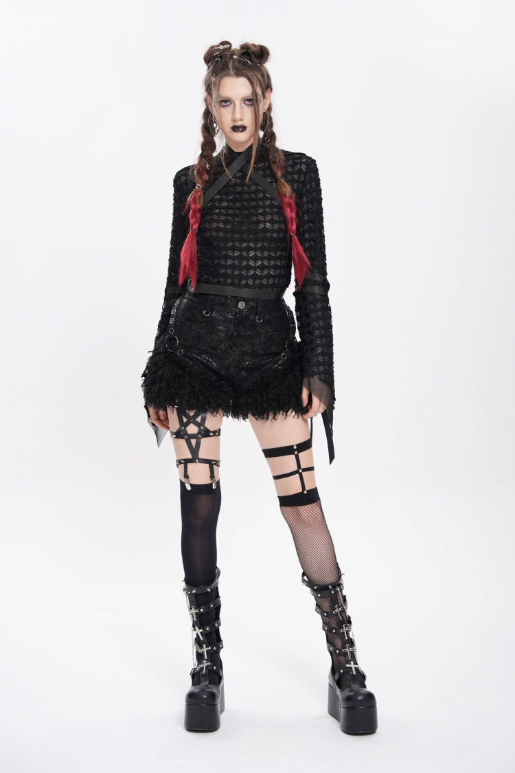 Black Plush Stitching Buckle Straps Women's Punk Shorts - Product - 7