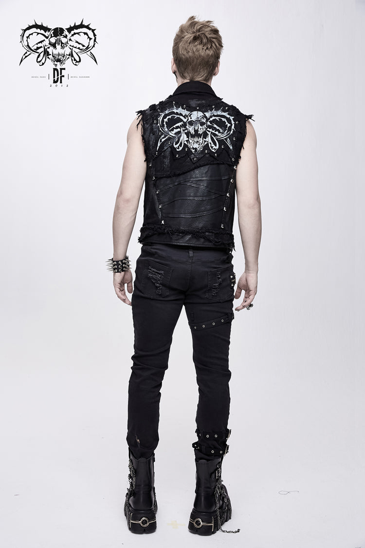 Black Heavy Metal Rivet Back Printed Coarse Twill Worn Out Men's Punk Waistcoat - Product - 7