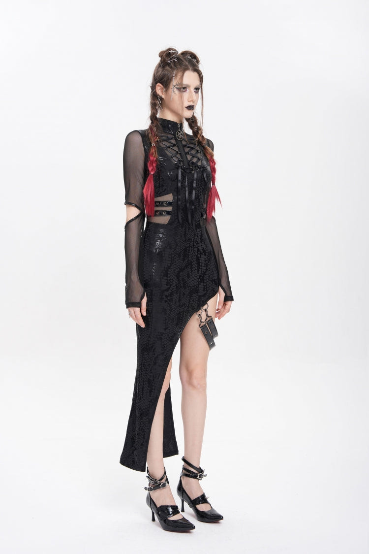 Black Stand Collar Long Sleeves Stitching Lace-Up Mesh Women's Punk Dress with Detachable Strap - Product - 5