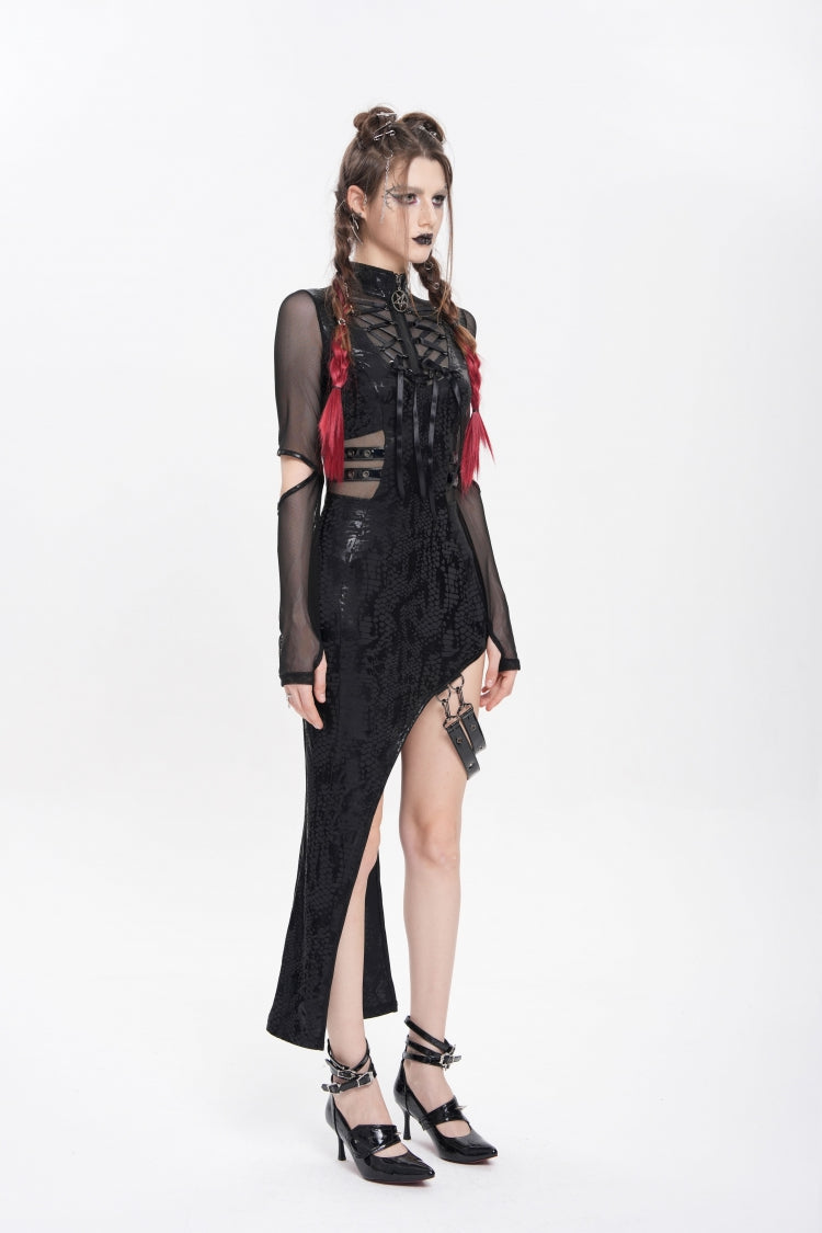 Black Stand Collar Long Sleeves Stitching Lace-Up Mesh Women's Punk Dress with Detachable Strap - Product - 5