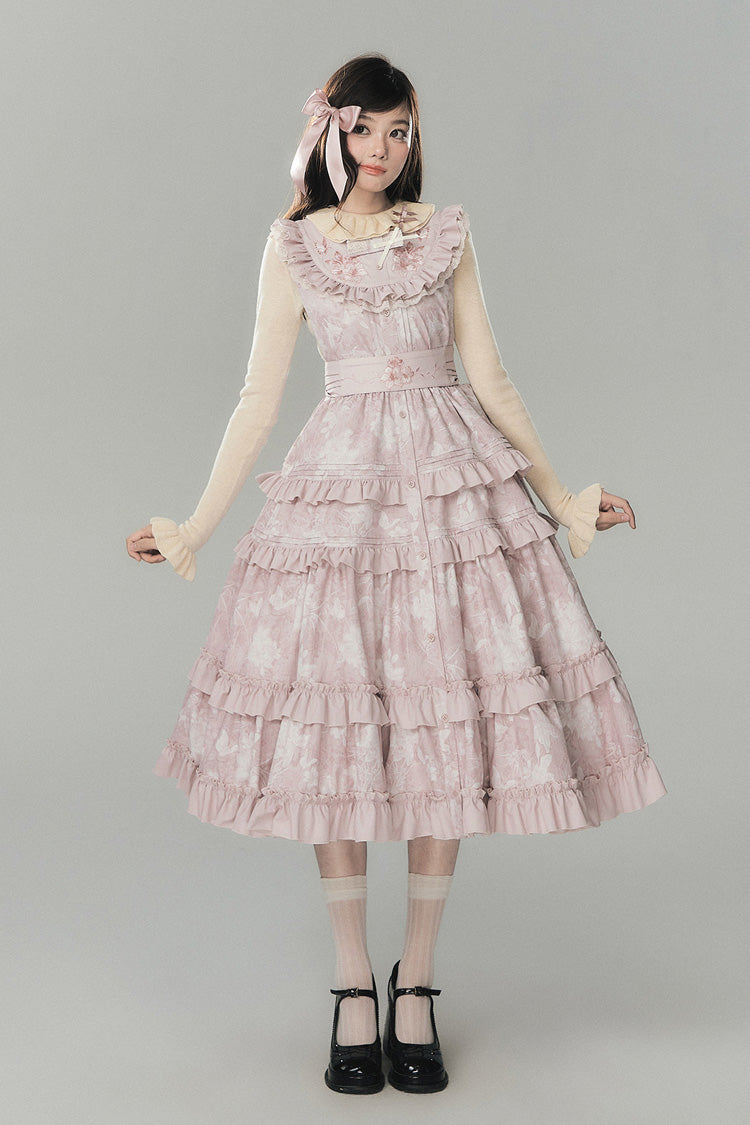 Pink [Sacred Heart Lily] Round Collar Sleeveless Multi-Layered Printed Ruffled Embroidered Sweet Chinese Inspired Lolita Jumper Dress - Product - 3