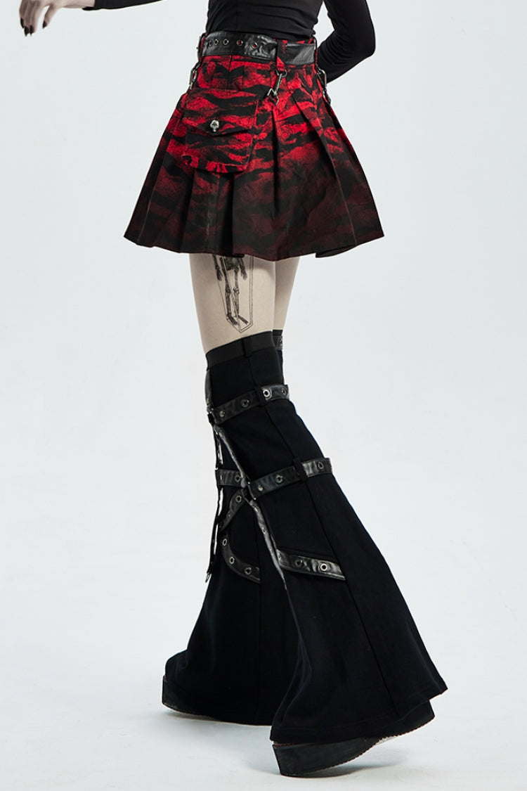 Black/Red Abstract Print Metal Buckle Leather Buckle Women's Steampunk Skirt - Product - 3