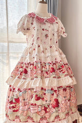 Ivory [Bear Strawberry Ode] Print Short Sleeves Double-Layered Ruffle Bowknot Sweet Princess Lolita Jsk Dress - Product - 5