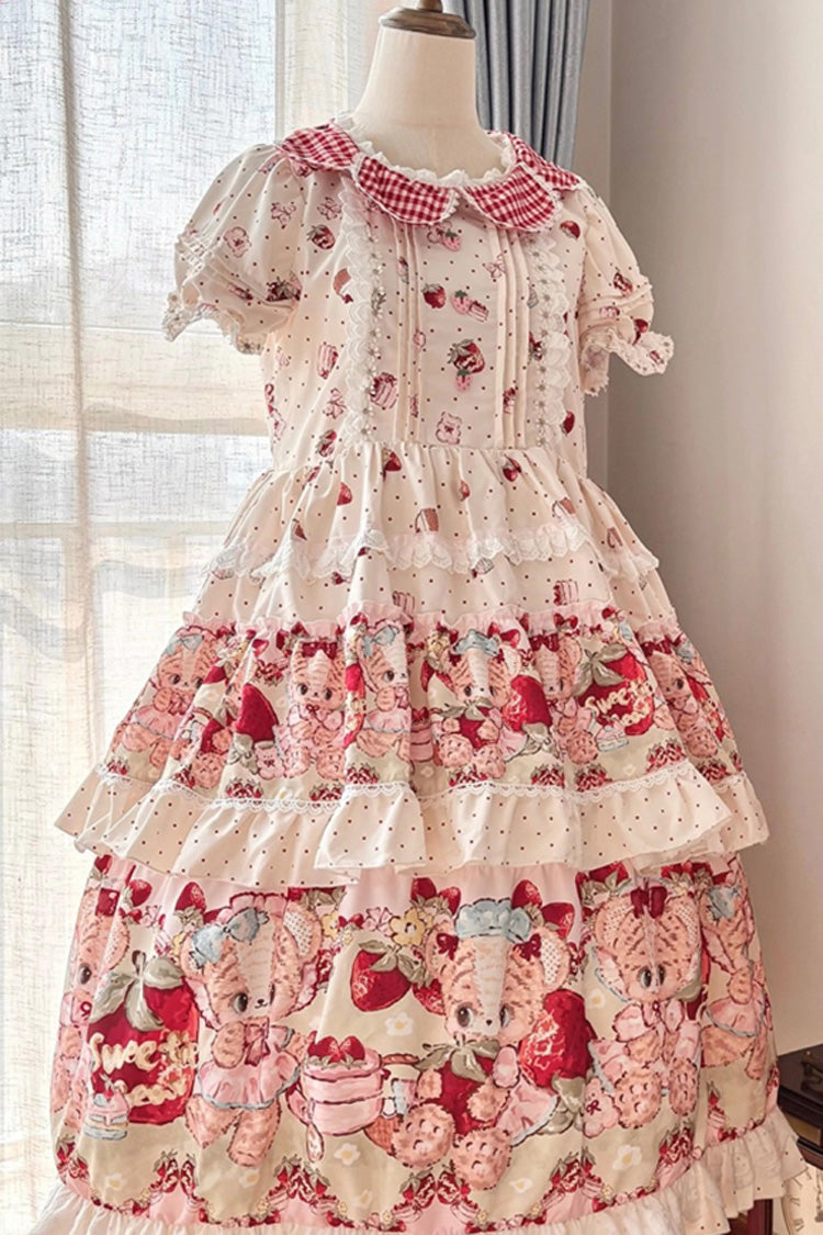 Ivory [Bear Strawberry Ode] Print Short Sleeves Double-Layered Ruffle Bowknot Sweet Princess Lolita Jsk Dress - Product - 5