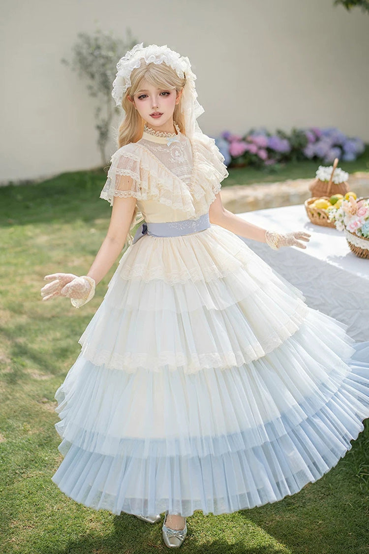 Blue [Sincere Vow] Edwardian Collar Short Sleeves Ombre Multi-Layered Ruffled Embroidered Sweet Lolita Dress - Blue - 1
