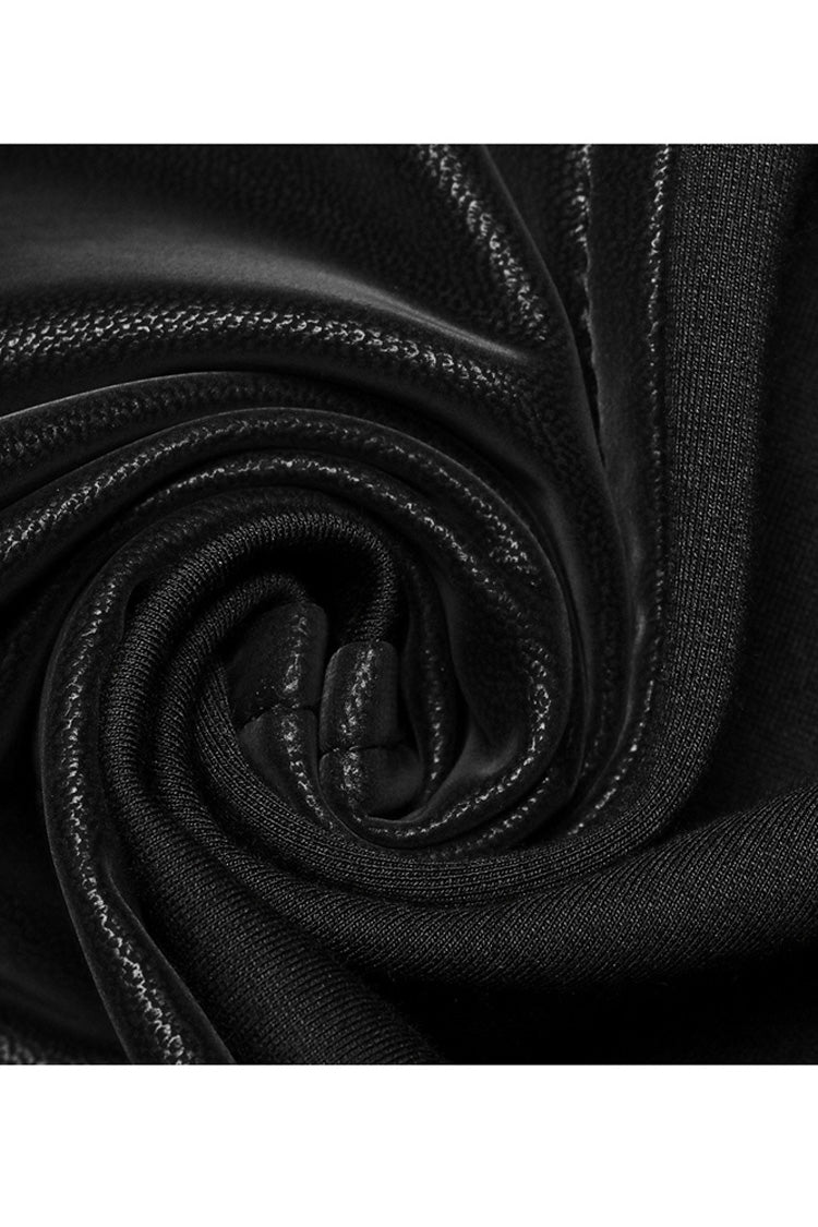 Black Stretch-Knit Paneled Faux Leather Waistband Ghost Button Flared Women's Punk Pants - Product - 9