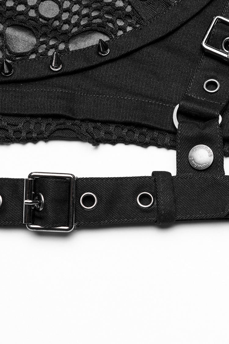 Black Faux Leather Stitching Mesh Buckles Women's Steampunk Shorts - Product - 7