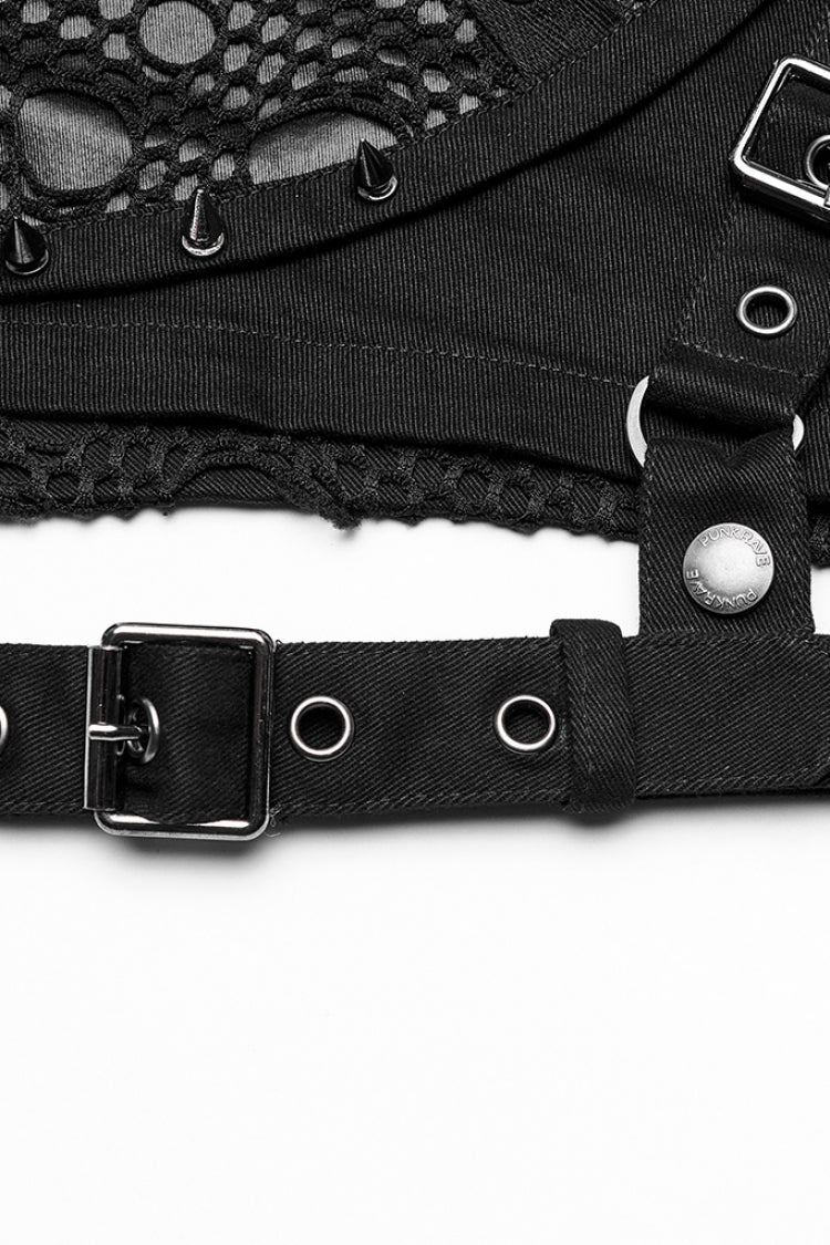 Black Faux Leather Stitching Mesh Buckles Women's Steampunk Shorts - Product - 7