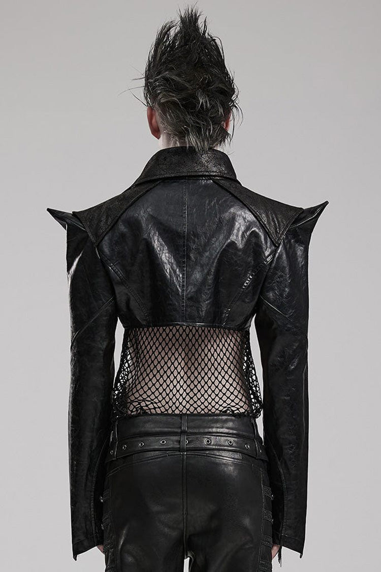 Black Stand Collar Zipper Faux Leather Sharp Shoulders Mens Steampunk Short Coat - Product - 3