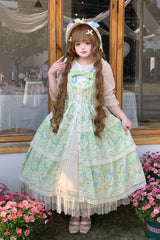 Ivory/Green [Lily of the Valley Perfume] Pearl Candy Tea Doll Collar Sleeveless Printed Lace Plus Size Sweet Lolita Jsk Dress - Ivory/Green - 1