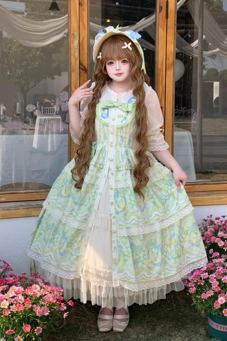 Ivory/Green [Lily of the Valley Perfume] Pearl Candy Tea Doll Collar Sleeveless Printed Lace Plus Size Sweet Lolita Jsk Dress - Ivory/Green - 1