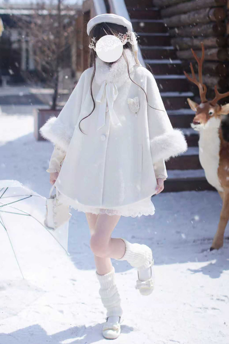 White Long Sleeves Lace Sweet Japanese Lolita Fluffy Cloak Coat - Product - 9