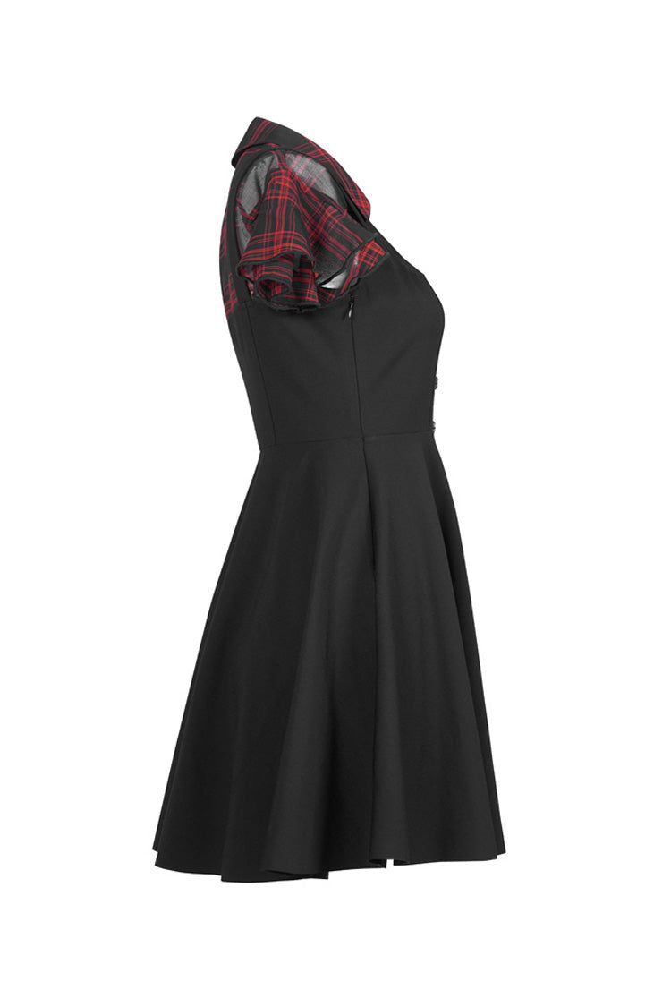 Black/Red V-Neck Ruffled Short-Sleeved Check Chiffon Waisted Skull Stud Women's Punk Dress - Product - 6