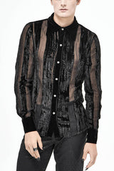 Black Striped Velvet Fold Mushroom Metal Buckles Long Sleeve Irregular Men's Gothic Shirt - Black - 1