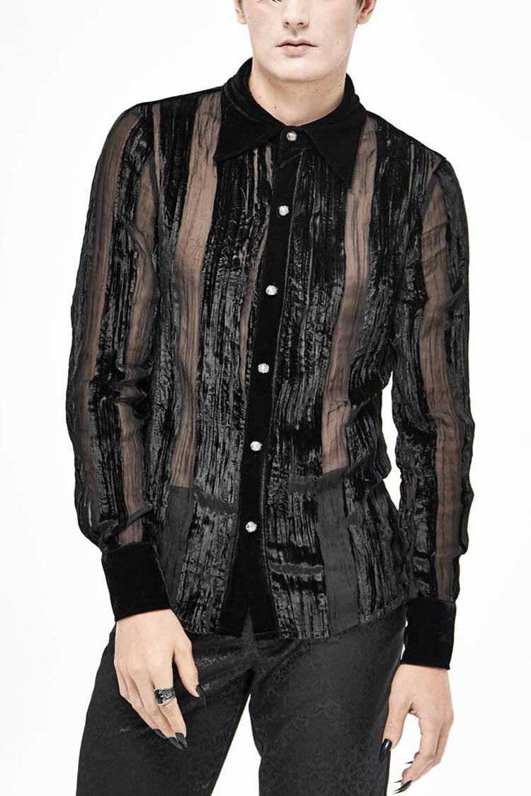 Black Striped Velvet Fold Mushroom Metal Buckles Long Sleeve Irregular Men's Gothic Shirt - Black - 1