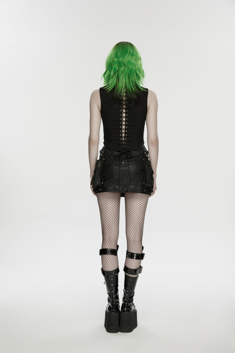 Black Off Shoulder Sleeveless Cut-Out Lace-Up Irregular Women's Punk Cool Vest - Product - 2