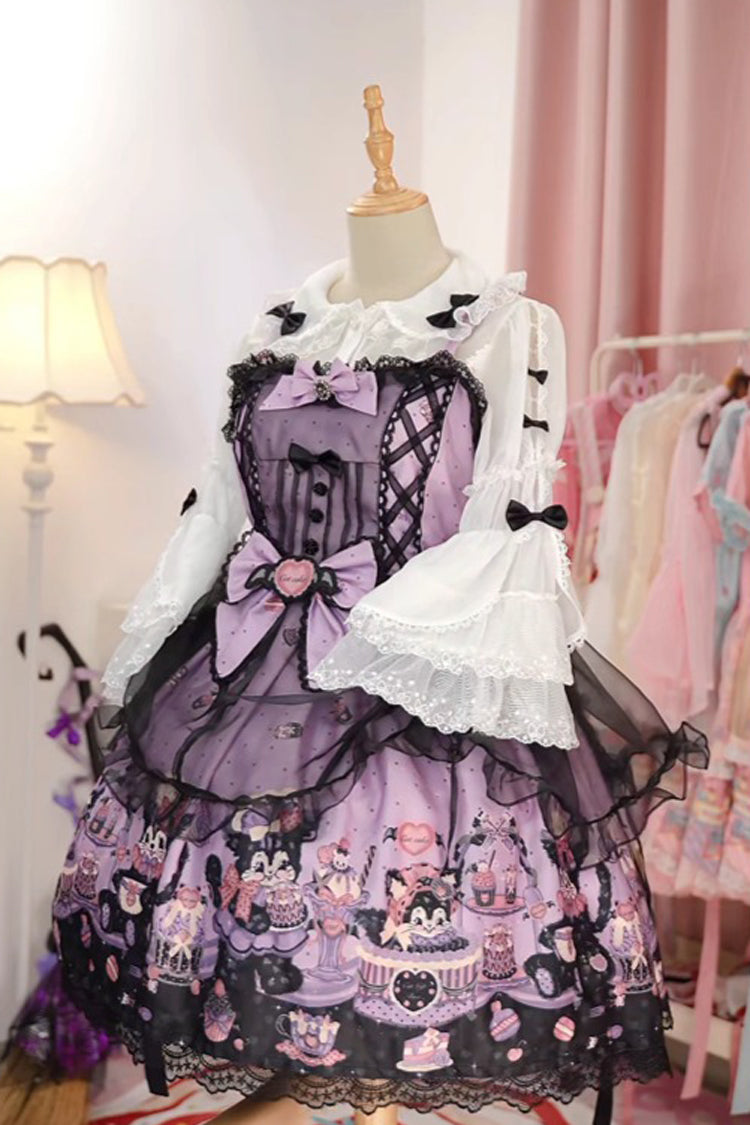 Purple [Devil Cat] Print Ruffle Bowknot Lace Gothic Lolita Jsk Dress (Plus Size Support) - Product - 10