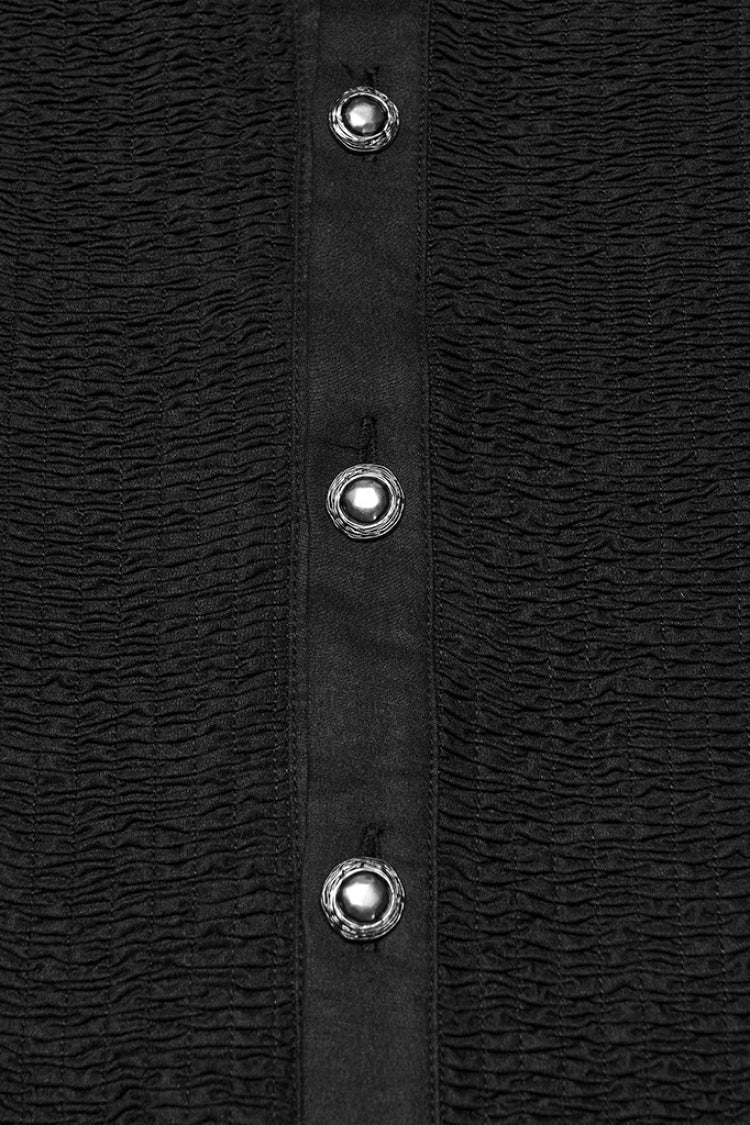Black Stand Collar Long Puff Sleeves PU Stitching Pleated Men's Gothic Blouse - Product - 6