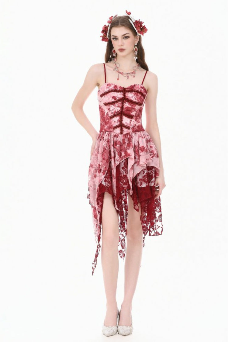 Red/White Multi-Layered Asymmetric Tie-dyed Women's Gothic Slip Dress - Product - 7