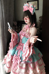 Pink/Green [Sweetheart Petals] Halterneck Sleeveless Multi-Layered Jacquard Ruffled Bow Pearl Detail Sweet Lolita Jsk Dress - Product - 4