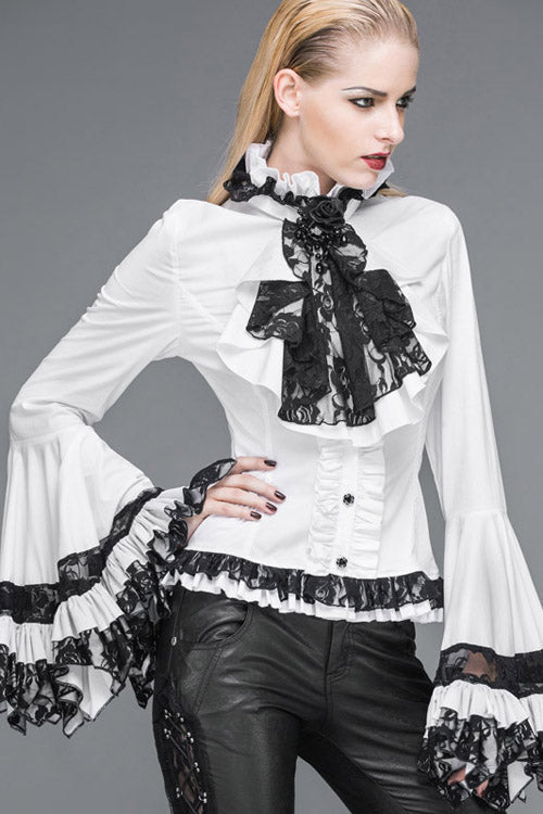 White VintageTrumpet Sleeves Back Bandage Womens Gothic Blouse - Product - 3