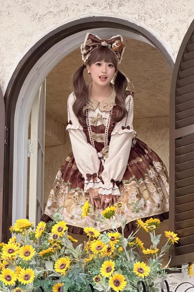 Brown [Squirrel Chocolate Shop] Doll Collar Long Sleeves Printed Ruffled Bow Sweet Lolita Dress - Product - 3