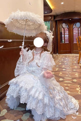 White [Peacock Feather] Multi-Layered Ruffle Hanayome Cardigan Bowknot Lace Sweet Lolita Jsk Dress Set - Product - 8