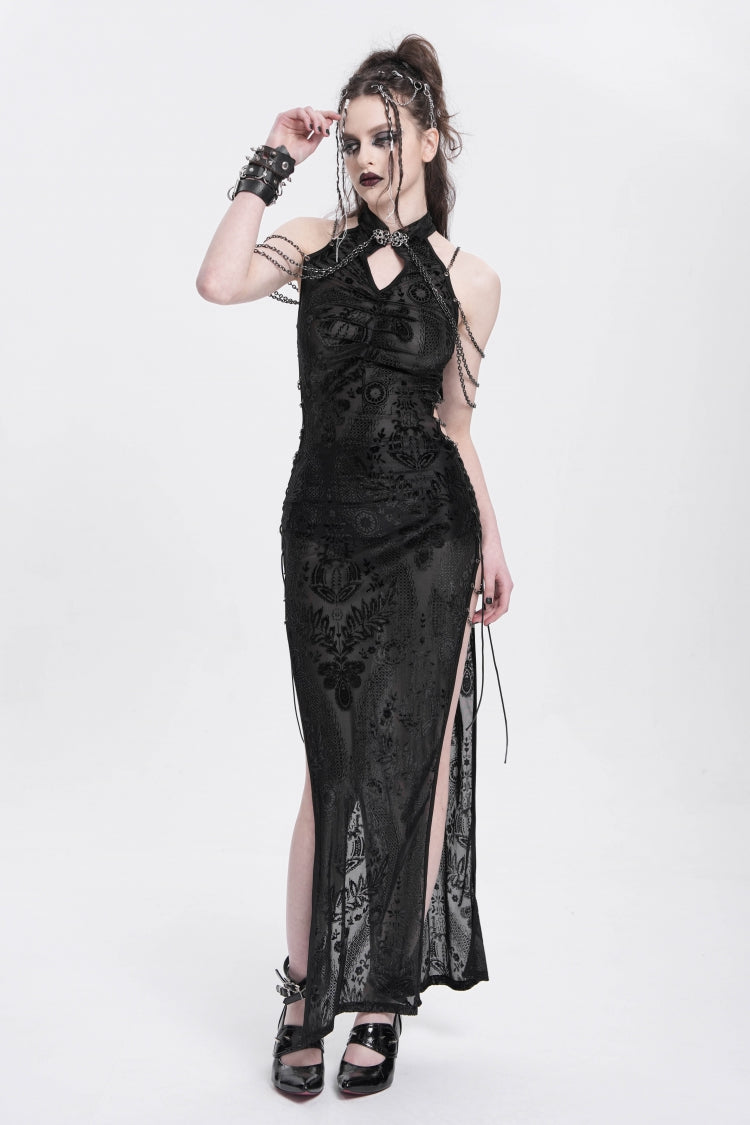 Black Halterneck Sleeveless Cheongsam Collar Side Slit Embroidery Women's Gothic Dress - Product - 2