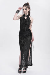 Black Halterneck Sleeveless Cheongsam Collar Side Slit Embroidery Women's Gothic Dress - Product - 2
