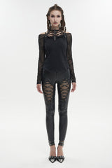 Black Stretch Knit Stitching Flocking Printed Neck Collar Tie Rope Off-Shoulder Women's Punk T-Shirt - Product - 4