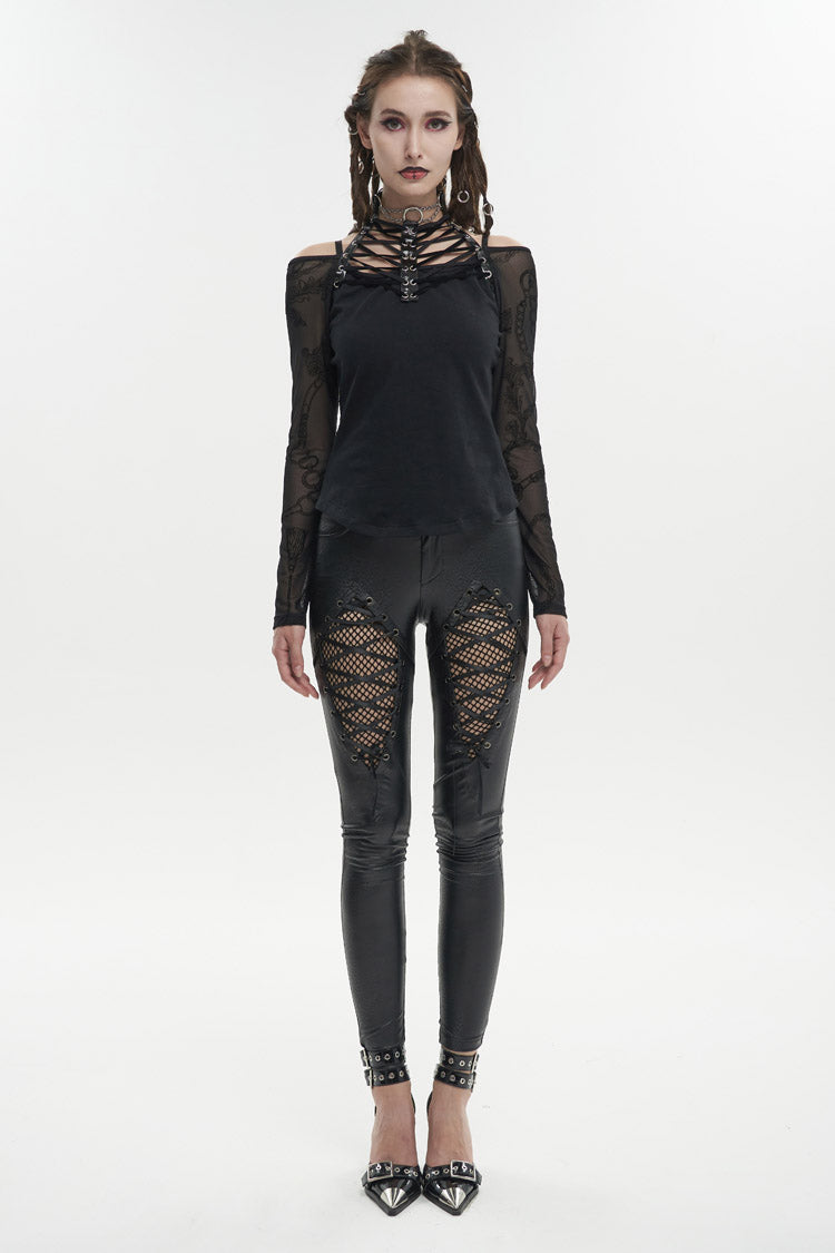 Black Stretch Knit Stitching Flocking Printed Neck Collar Tie Rope Off-Shoulder Women's Punk T-Shirt - Product - 4