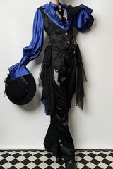 Black/Blue [Moonlit Return] Jacquard Printed Lace-Up Gothic Elegant Ouji Lolita (Blouse/Pants/Shorts/Vest) - Product - 7