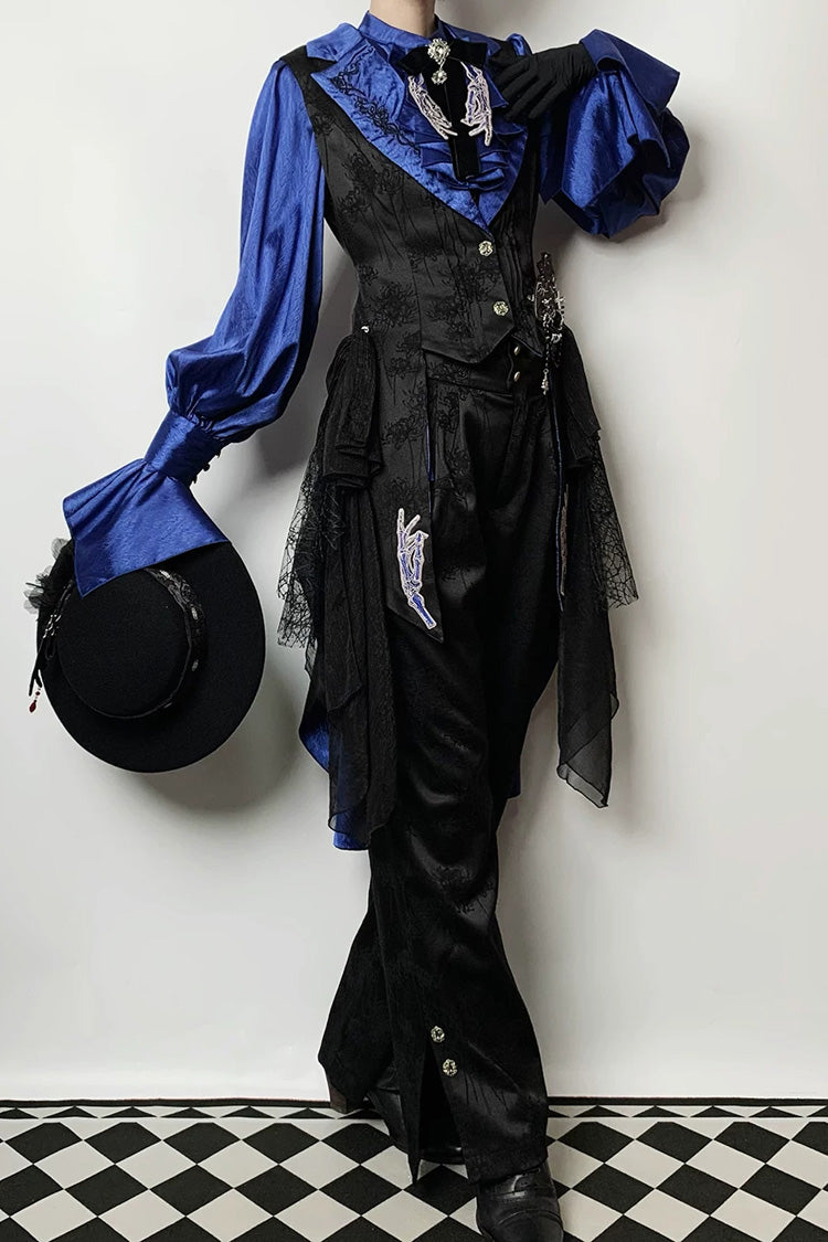 Black/Blue [Moonlit Return] Jacquard Printed Lace-Up Gothic Elegant Ouji Lolita (Blouse/Pants/Shorts/Vest) - Product - 7