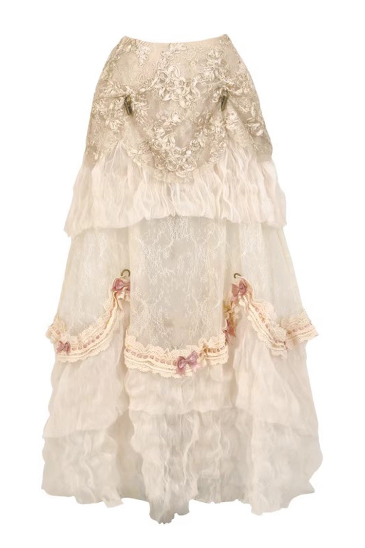Light Brown [Cupid’s Poetry Box] Ruffle Embroidery Bowknot Lace Classic Elegant Lolita Long Skirt - Product - 3