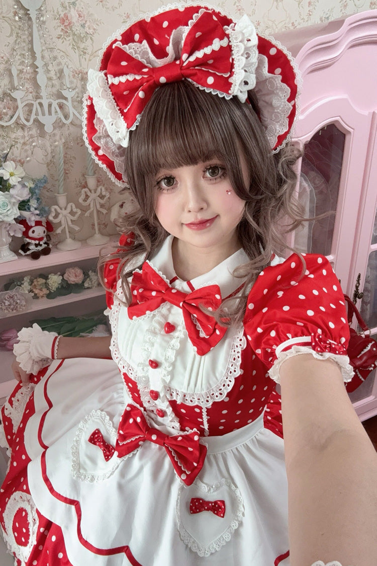 [A Day as a Candy Shop Owner] Peter Pan Collar Short Sleeves Printed Bow Sweet Lolita Dress 3 Colors (Red, Blue, Pink) - Product - 32