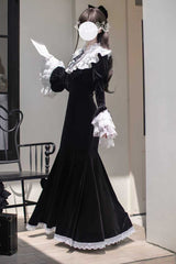 Black [Raven-Feather Poetic Letter] Velvet Long Hime Sleeves Ruffle Bowknot Gothic Elegant Lolita Fishtail Dress - Product - 4