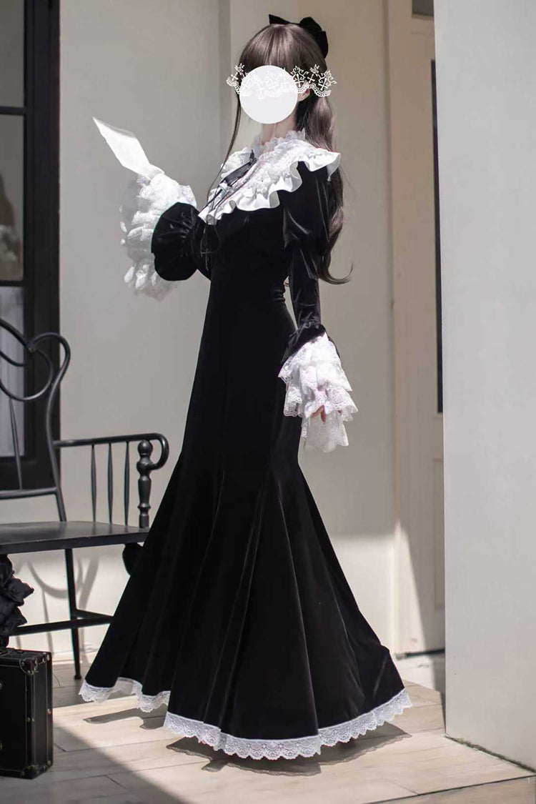 Black [Raven-Feather Poetic Letter] Velvet Long Hime Sleeves Ruffle Bowknot Gothic Elegant Lolita Fishtail Dress - Product - 4