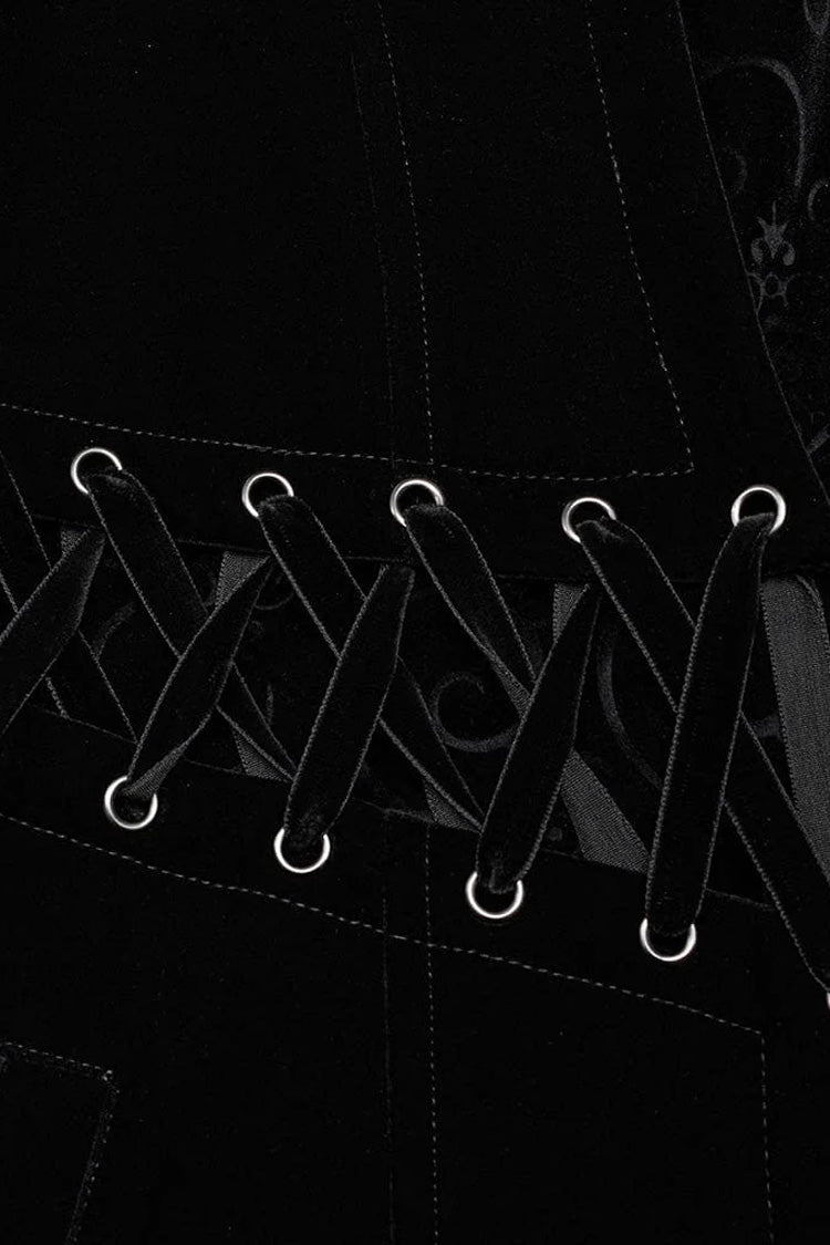 Black Stand Collar Jacquard Print Waist Cord Decoration Mens Gothic Mid Length Coat - Product - 8
