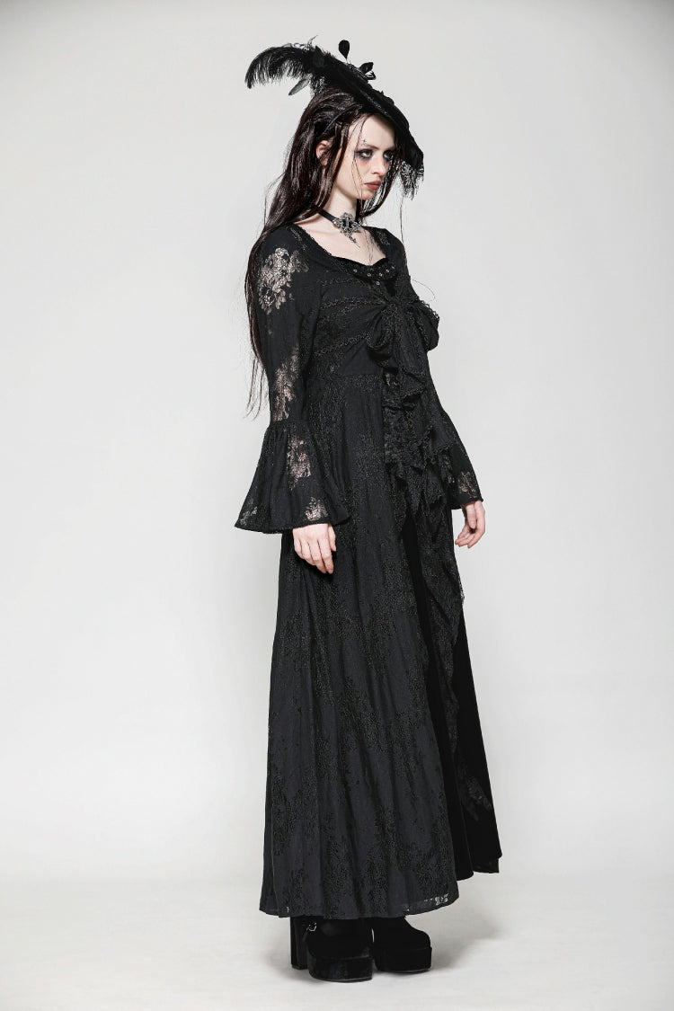 Black Long Flared Sleeves Lace Trimmed Lace-Up Women's Gothic Elegant Robe - Product - 10