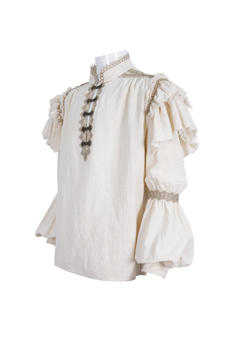 Beige Stand Collar Lantern Sleeves Multi-layer Ruffle Men's Gothic Blouse - Product - 6