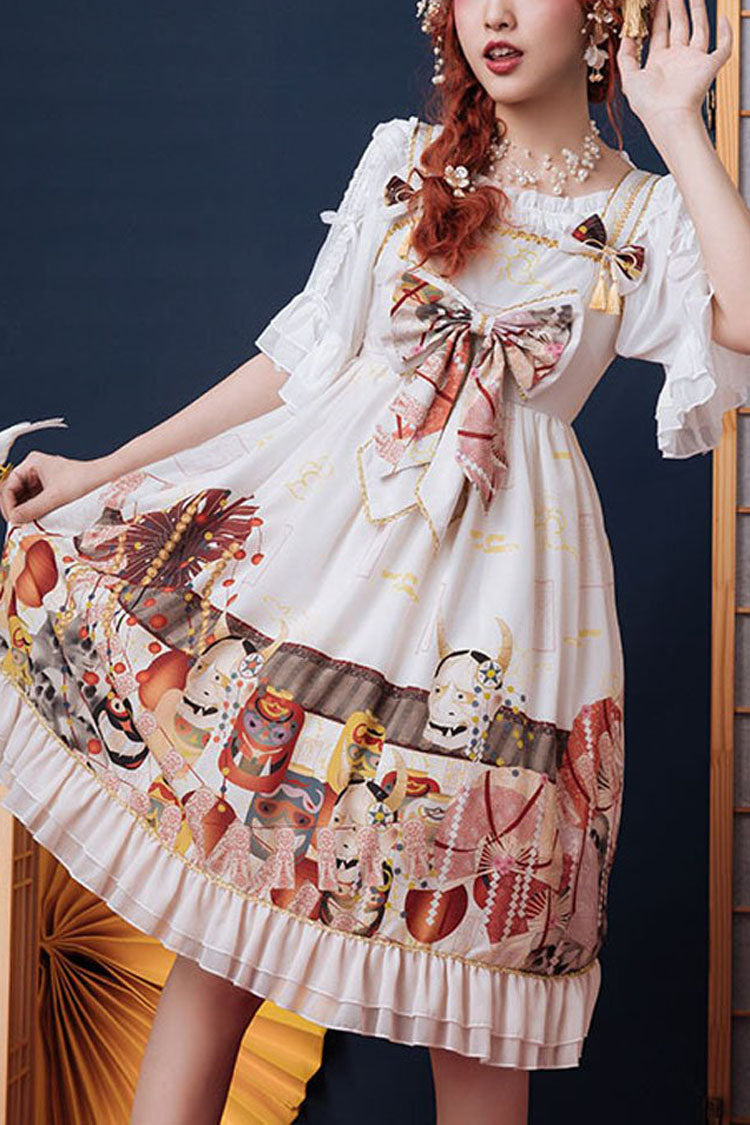 White Demon Mask Print Bowknot High Waisted Sling Sweet Lolita Dress - white - 1