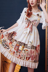 White Demon Mask Print Bowknot High Waisted Sling Sweet Lolita Dress - white - 1