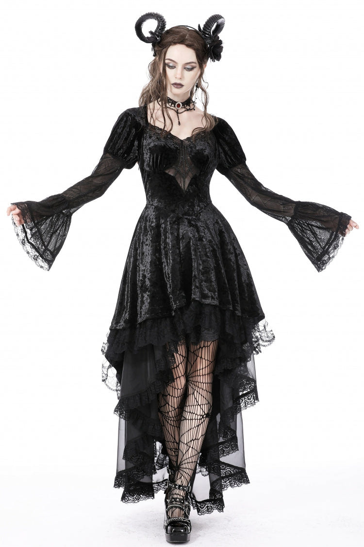 Black Long Puff Sleeves High Low Irregular Multi-Layered Lace Women's Gothic Velvet Dress - Product - 7