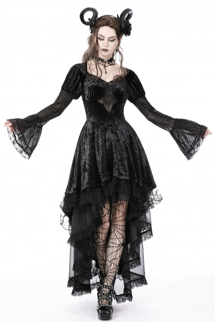 Black Long Puff Sleeves High Low Irregular Multi-Layered Lace Women's Gothic Velvet Dress - Product - 7