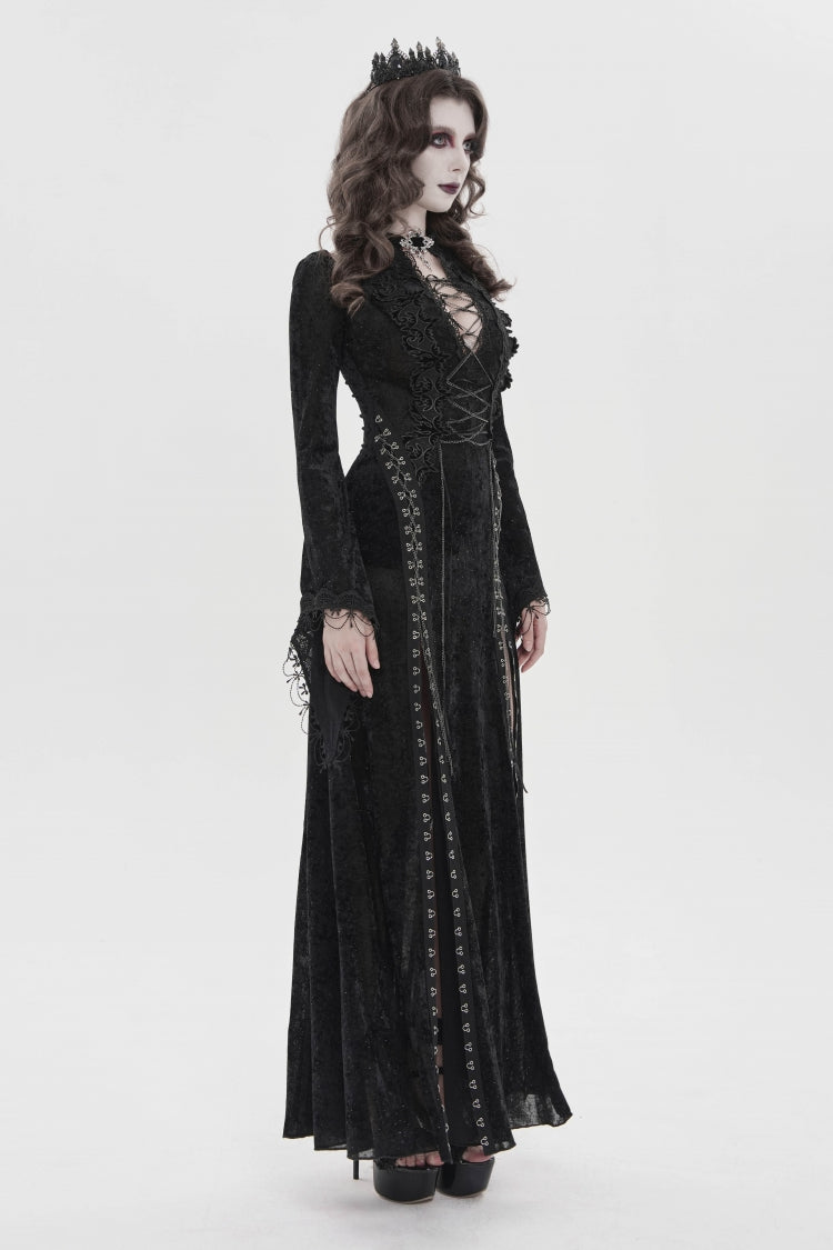Black Halterneck Long Trumpet Sleeves Hanayome Lace Lace-Up Slim Chain-Decorated Women's Gothic Dress Plunging Split Maxi Dress - Product - 3