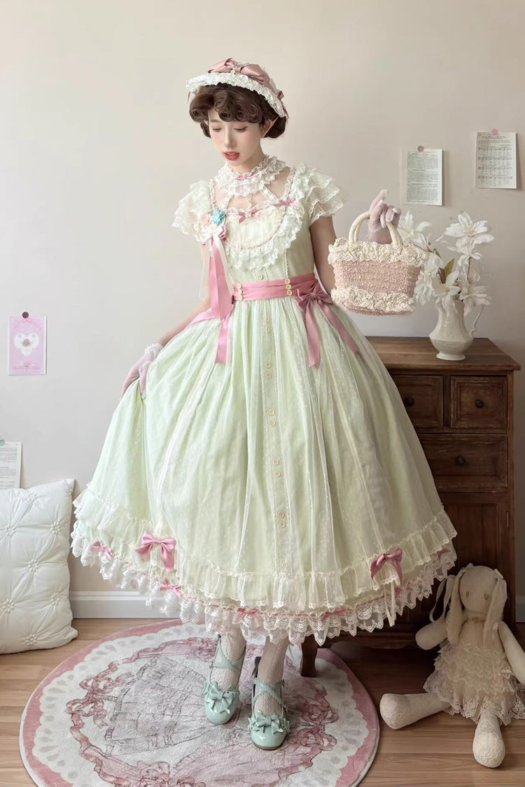 Green [Sakura’s Spring Resonance] Sleeveless Ruffled Bow Sweet Lolita Jsk Dress (Long Version) - Product - 4